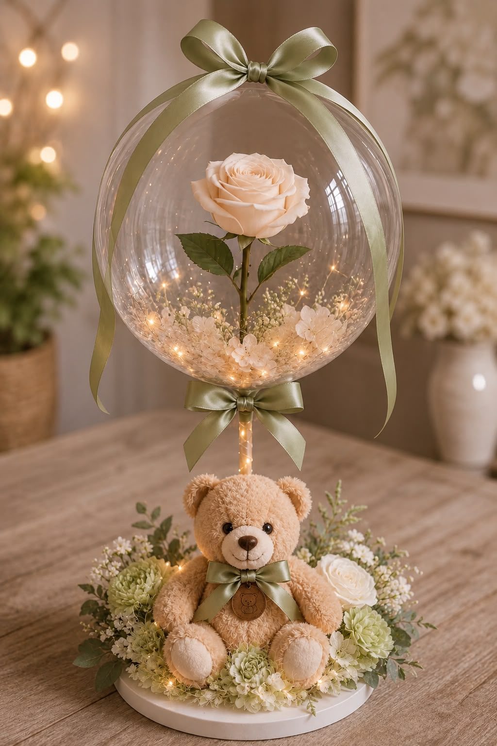 Composition Ourson & Rose lumineuse personnalisable